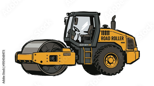 Yellow road roller vehicle for construction and road building