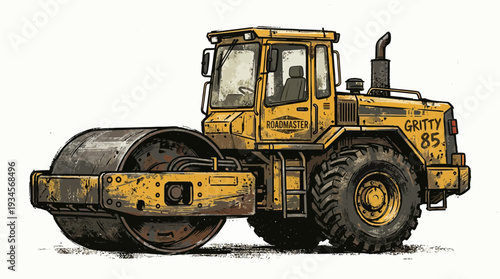 Yellow steamroller vehicle, construction equipment, road roller, heavy machinery, industrial illustration