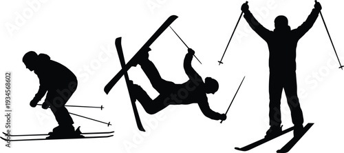 Skiers in various stages of descent and falling