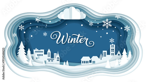 Elegant layered paper cut style winter landscape featuring a snow-covered town with pine trees and decorative snowflakes.