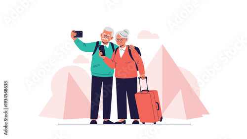 Happy senior couple taking a selfie with a smartphone while traveling with luggage in front of great Egyptian pyramids.