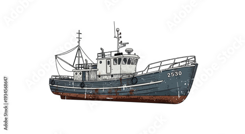 Fishing trawler boat on white background