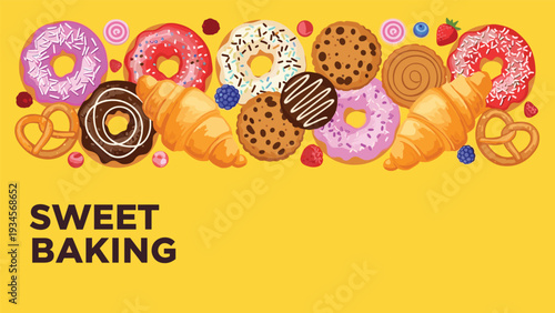 Vibrant assortment of delicious baked goods like donuts, croissants, pretzels, and cookies displayed on a yellow background.