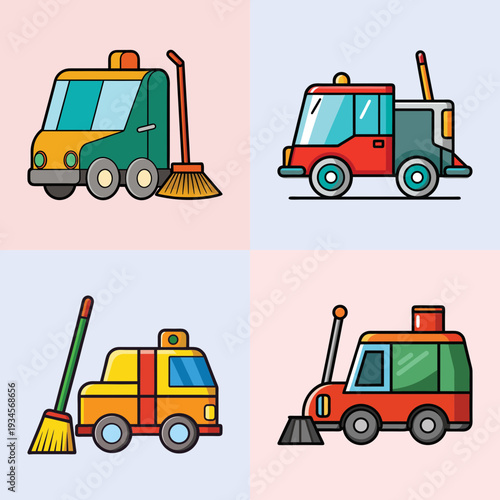 Street sweeper trucks in different colors and designs vector illustration