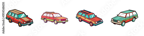 Four station wagons in different colors and designs vector illustration