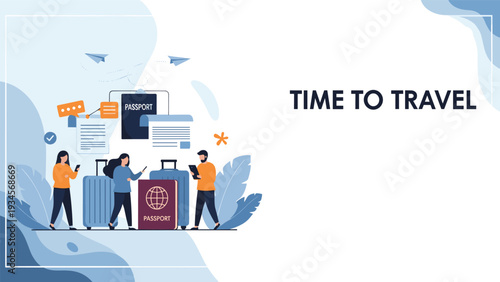 Diverse group of people with suitcases and passports prepared for a journey next to travel-themed icons and text.