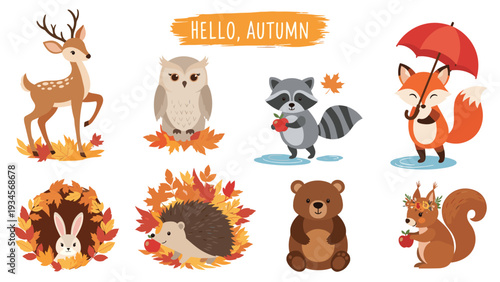 Collection of adorable woodland animals decorated with autumn leaves including a deer, fox, raccoon, owl, and hedgehog.