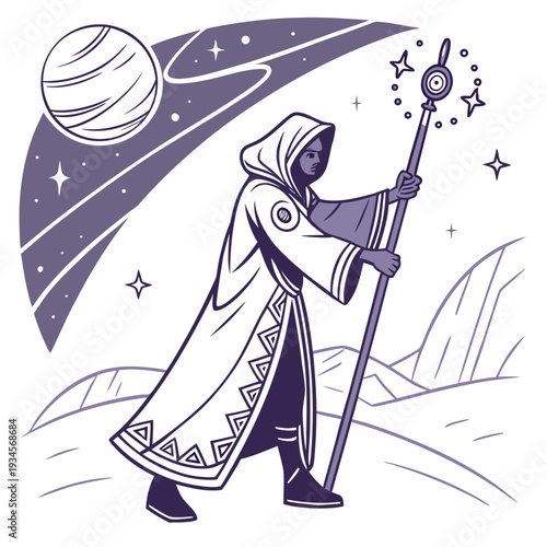 Mystical wizard with a glowing staff on an alien landscape, fantasy illustration of a robed figure in a cosmic setting with planets and mountains.