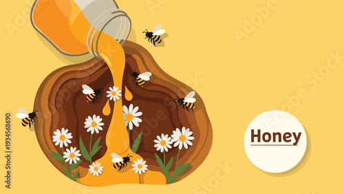 Golden honey pouring from a glass jar onto a brown stylized splash surrounded by buzzing honeybees and white daisies.