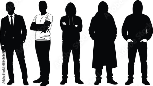 Five anonymous men in different casual and formal clothing silhouettes standing in a row