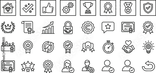 Quality assurance line icons set, rating trust certification achievement symbols, customer satisfaction guarantee concepts, minimal outline style, cad drawing flat vector illustration