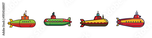 colorful submarine vector illustration, flat design, ocean vehicles