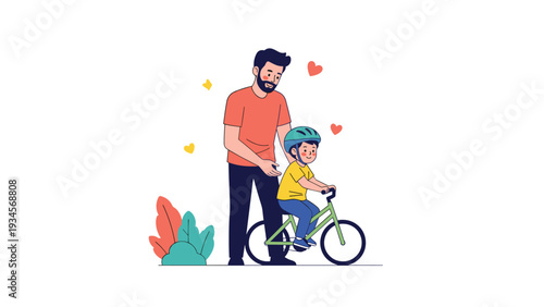 Caring father supporting his young son while teaching him how to ride a small green bicycle with a safety helmet on.