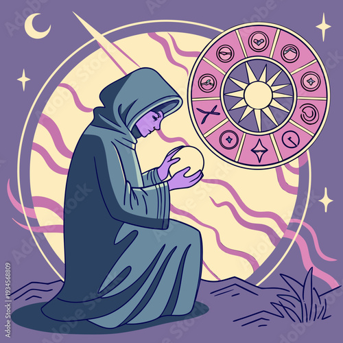 Mystical seer in a hooded robe holding a glowing orb and looking at a zodiac wheel under a starry night sky