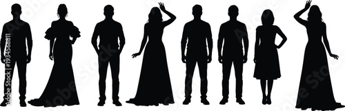 Fashion people silhouette collection cad drawing flat vector illustration, elegant men and women standing isolated on white background