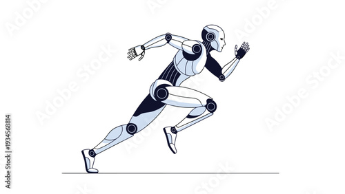 Sleek white humanoid robot captured in a dynamic running pose illustrating the progress of future artificial intelligence.