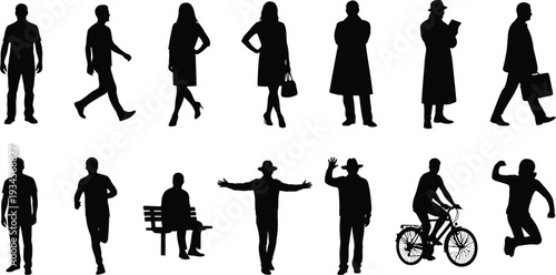 Collection of people silhouettes in various poses and activities every day