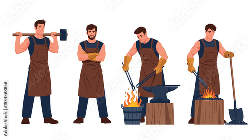 Various illustrations of a muscular blacksmith working at a forge, using a hammer, and heating metal in a furnace.