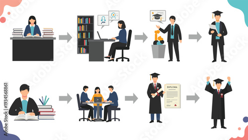 Infographic design showing the stages of student life from intensive study to a successful graduation ceremony.