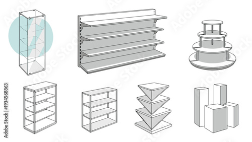 Set of simple line drawings representing empty store display racks, shelving units, and retail merchandising equipment.