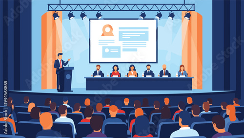 Large audience listening to a keynote speaker at a professional business conference held on a modern stage with screen.