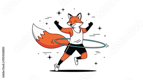 Playful cartoon fox wearing a white tank top and black shorts enjoying a workout with a hula hoop under the stars.