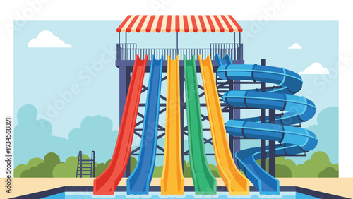 Vibrant water park scene featuring multiple tall colorful slides and a winding blue tunnel leading into a clear pool.