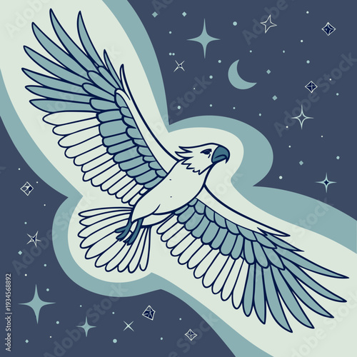 Majestic eagle soaring through a starry night sky with a crescent moon, representing freedom and power