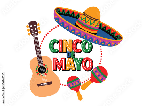 Cinco de Mayo celebration illustration features a sombrero, guitar, and maracas surrounding.
