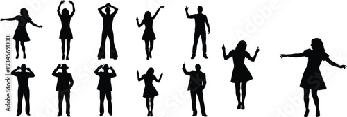 Silhouette people dancing collection cad drawing flat vector illustration, isolated black figures of men and women in motion