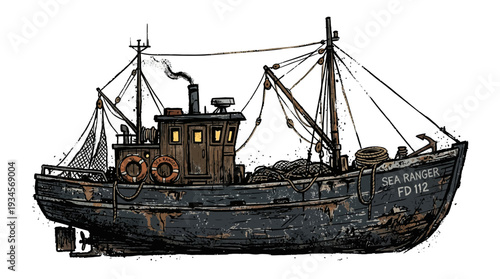 Old wooden fishing trawler boat, illustration