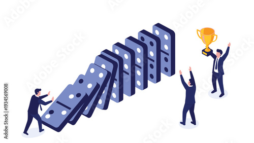 Team of businessmen pushing falling dominoes toward a colleague who is triumphantly holding a gold trophy aloft.