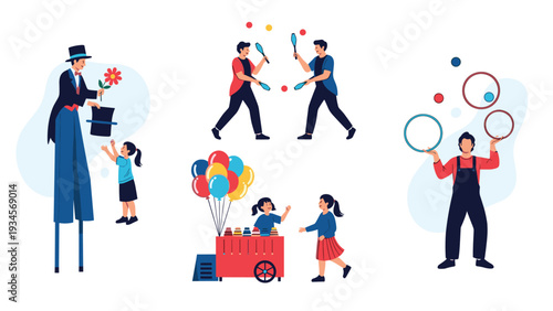 Assortment of circus characters including a tall man on stilts, jugglers, and children visiting a colorful snack cart.