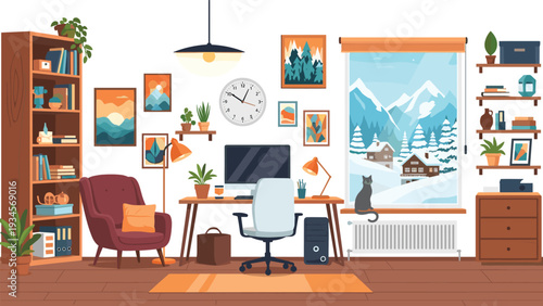 Home office workspace with a computer, comfortable chair, and a large window overlooking a peaceful winter mountain village.