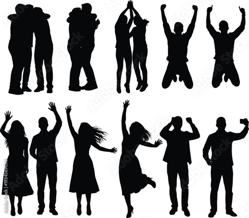 Black silhouettes of people jumping and dancing in different poses on white background