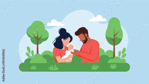 Happy diverse family consisting of father, mother, and newborn baby standing together in lush green park under blue sky and white clouds.