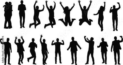 Black silhouettes of people jumping and standing in various happy poses on white background