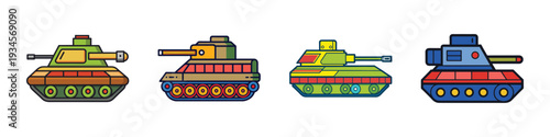 Colorful military tanks in various designs vector illustration