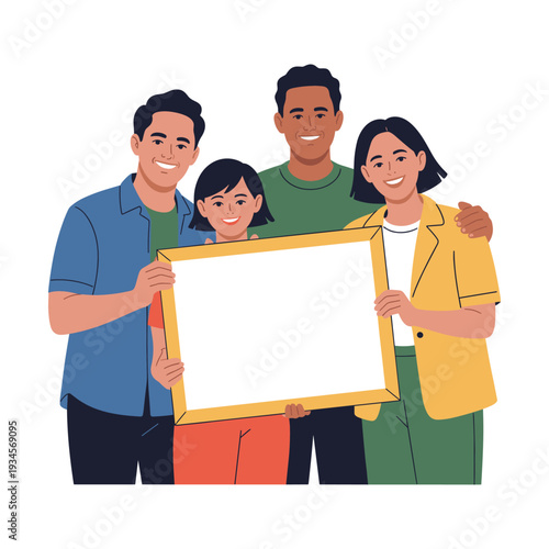 Diverse group of friends holding blank sign together happily