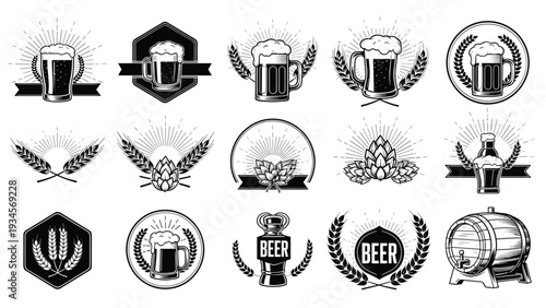 Collection of vintage style beer brewery logos and labels featuring mugs, hops, wheat, barrels, and traditional typography designs.