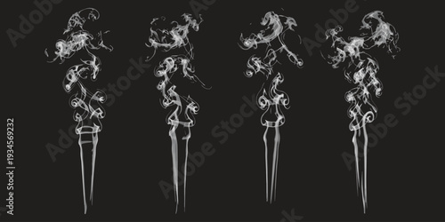 Four gray smoke trails on black background wispy smoke