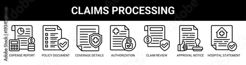 Claims Processing web banner icon vector illustration concept with icons of expense report, policy document, coverage details, authorization letter, claim review, approval notice, hospital statement.