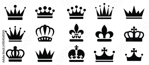 Crown Icons Set Featuring Royal Crown Silhouettes Collection Vector Illustration for Design, Logo, Branding, Jewelry, Luxury, Royalty, Emblem, and Decorative Graphic Elements