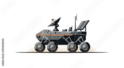 Space exploration rover with solar panels and satellite dish on white background