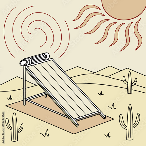 Solar water heater in desert setting with stylized sun and cacti, illustration for renewable energy and sustainability.