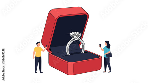 Tiny man and woman taking photos of giant diamond engagement ring in red velvet box with their smartphones in simple studio setting.
