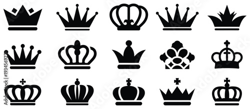 Crown Icons Set Featuring Royal Crown Silhouettes Collection Vector Illustration for Design, Logo, Branding, Jewelry, Luxury, Royalty, Emblem, and Decorative Graphic Elements