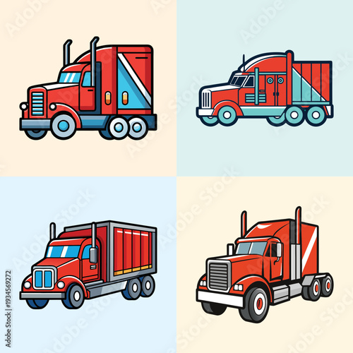 Four different red semi-truck vector illustrations in flat design
