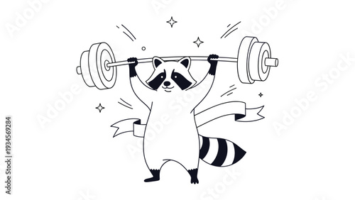 Cartoon raccoon character successfully lifting heavy barbell with weight plates surrounded by stars and blank ribbon banner for text.