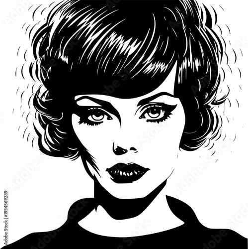 Ink drawing portrait of young woman with voluminous wavy hair glancing sideways mysteriously on white background